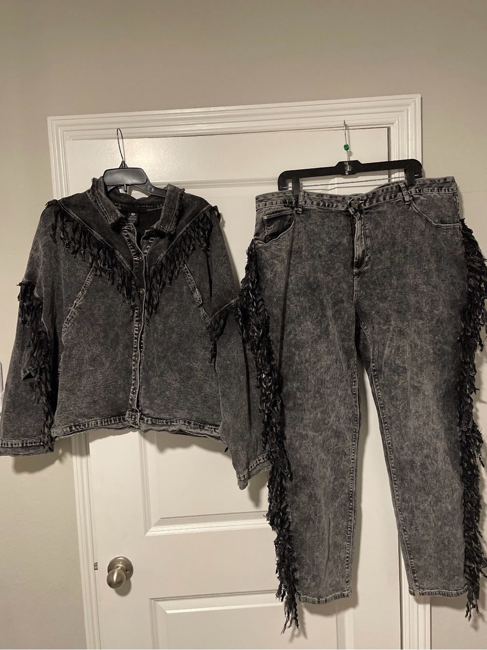 Ashley Stewart Washed Black Denim Jacket & Jean Set with Fringe